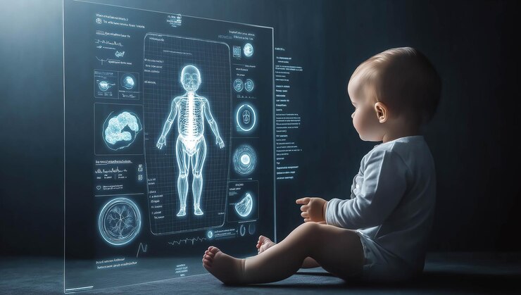 Un bebé se sienta junto a una pantalla holográfica de rayos X AI generativa
