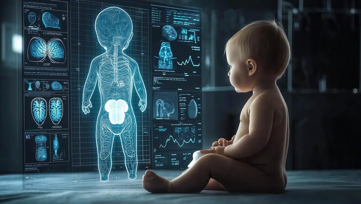 Un bebé se sienta junto a una pantalla holográfica de rayos X AI generativa