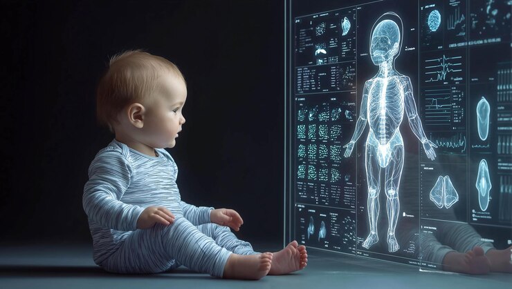 Un bebé se sienta junto a una pantalla holográfica de rayos X AI generativa