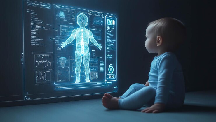 Un bebé se sienta junto a una pantalla holográfica de rayos X AI generativa