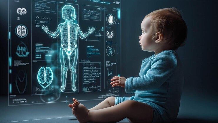 Un bebé se sienta junto a una pantalla holográfica de rayos X AI generativa