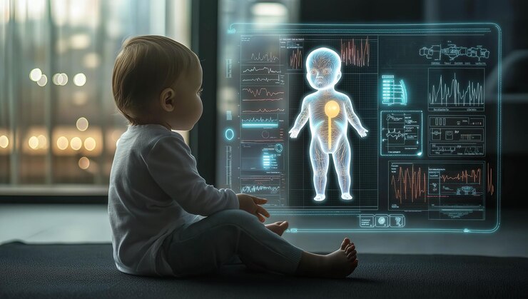 Un bebé se sienta junto a una pantalla holográfica de rayos X AI generativa