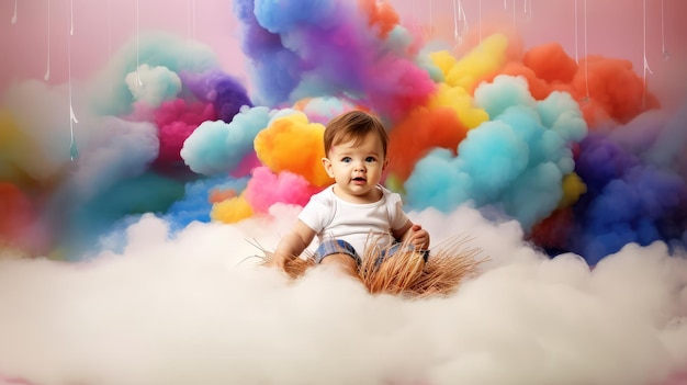 Foto un bebé se sienta en una nube rodeado de humo de colores.