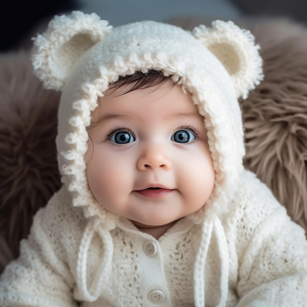 un bebé con un sombrero de oso que dice "bebé"