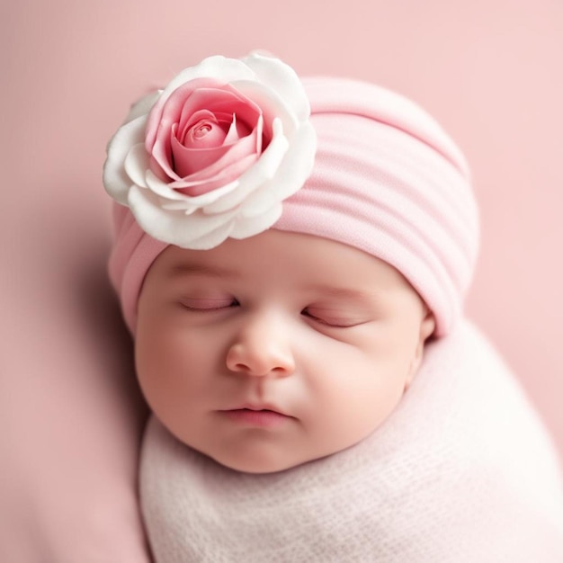 un bebé con un sombrero rosa con una flor en él