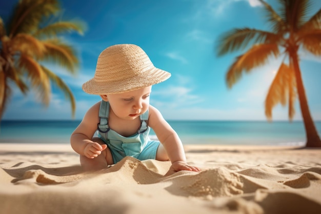 Foto bebé con sombrero de sol y mono sentado en una playa de arena y jugando con la arena