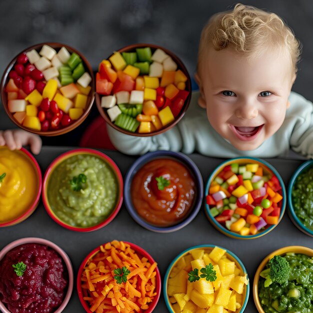 El bebé sonríe junto a una colección de coloridos cuencos de frutas y verduras