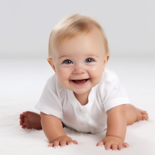 un bebé sonríe y lleva una camisa blanca