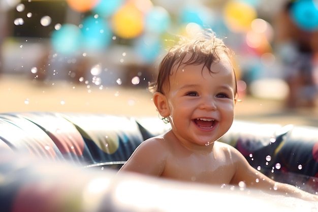 Un bebé sonríe mientras chapotea en una piscina