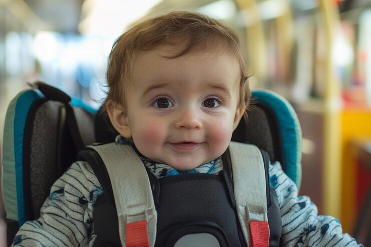 Bebé sonríe mientras explora un metro durante una salida por la tarde con la familia IA generativa
