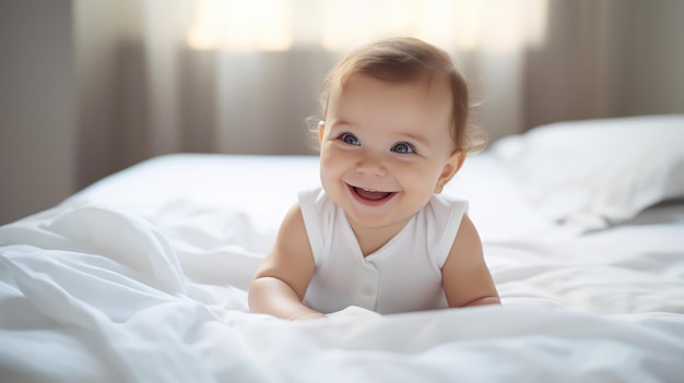 Bebé sonriendo acostado en una cama blanca