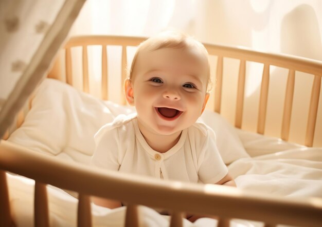 Foto bebé sonriendo en una cuna