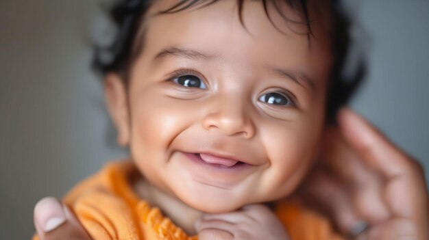 Un bebé sonriendo con las manos en las orejas