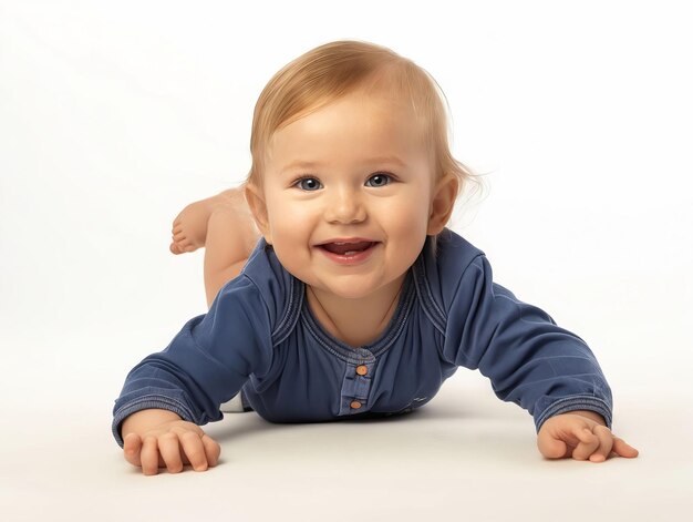 Un bebé sonriendo mientras está tendido en el suelo