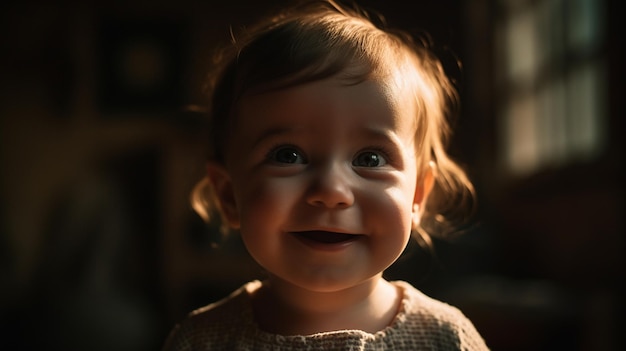 Un bebé sonriendo en la oscuridad.