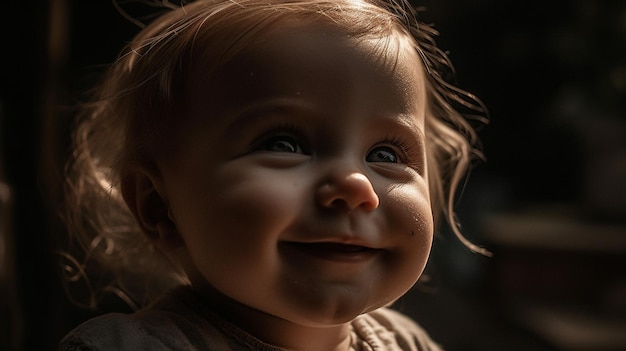 Un bebé sonriendo en la oscuridad.