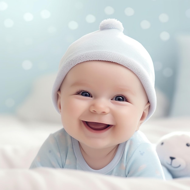 un bebé sonriendo con un sombrero que dice "feliz"