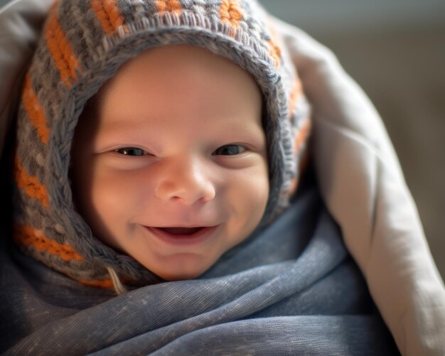 un bebé sonriente envuelto en una manta