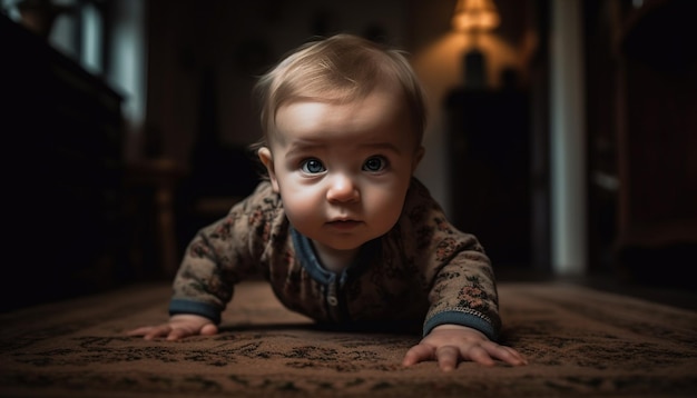 Un bebé sonriente gateando y jugando trae alegría e inocencia generadas por la inteligencia artificial