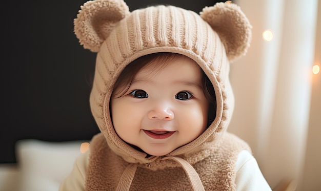 Un bebé sonriente con un sombrero de peluche