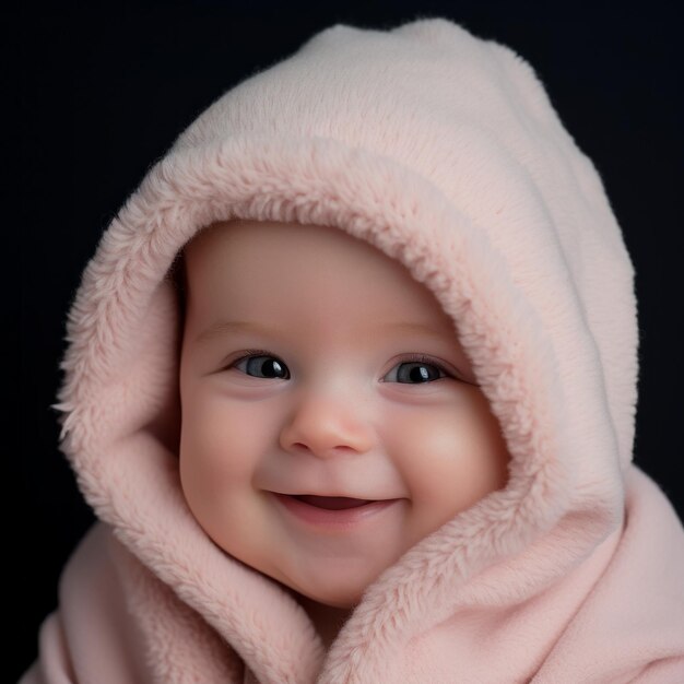 un bebé sonriente con una sudadera con capucha rosa