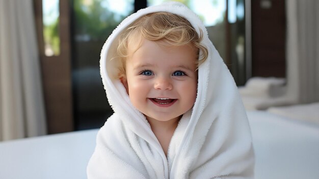 Bebé sonriente en una toalla blanca en la cama en casa IA generativa
