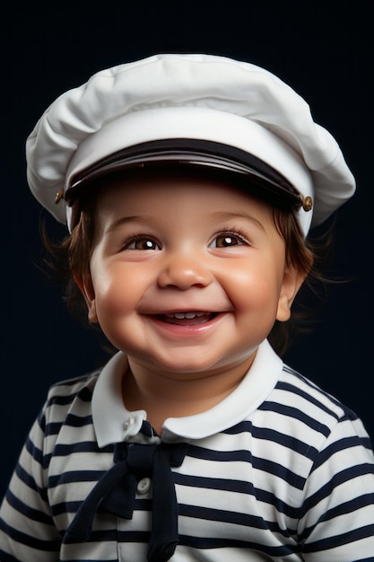 Foto bebé sonriente con un traje clásico de marinero completo con una gorra y una camiseta a rayas ai generativa