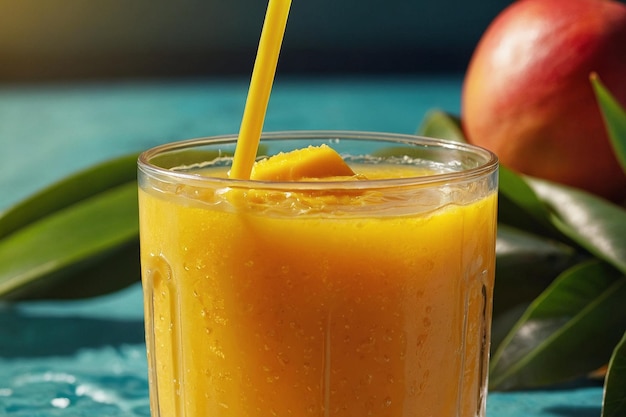 Foto bebe un sorbo de jugo de mango de verano amor