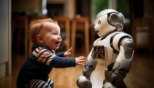 Bebê sorridente brincalhão com robô ai em casa tecnologia digital futurista de inteligência artificial