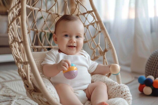 Bebê sorridente brincando com brinquedos coloridos gerados por IA