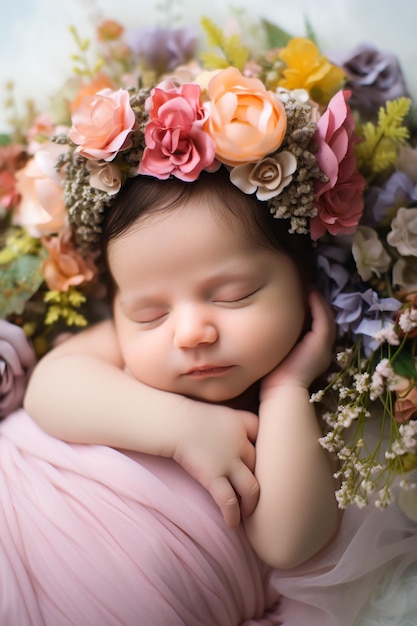 Bebê sorridente deitada em uma cama dormindo em lençóis cor-de-rosa conceito bonito