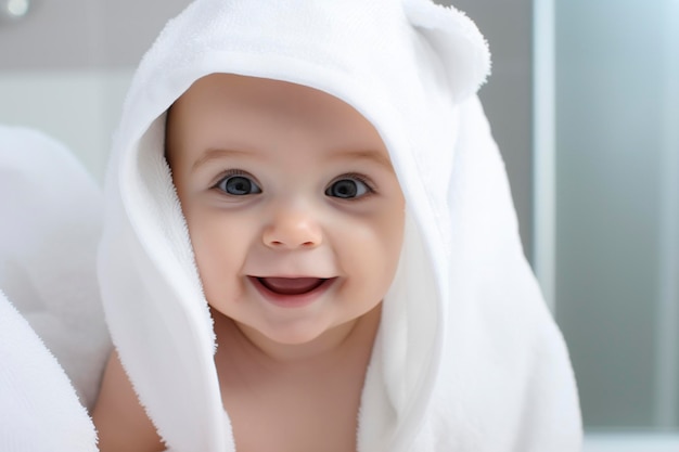 Bebê sorridente e lindo envolto numa toalha.