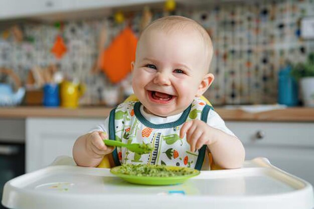 Foto bebê sorridente em cadeira alta comendo puré de vegetais com colher