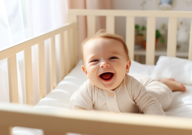 Bebê sorrindo em um berço