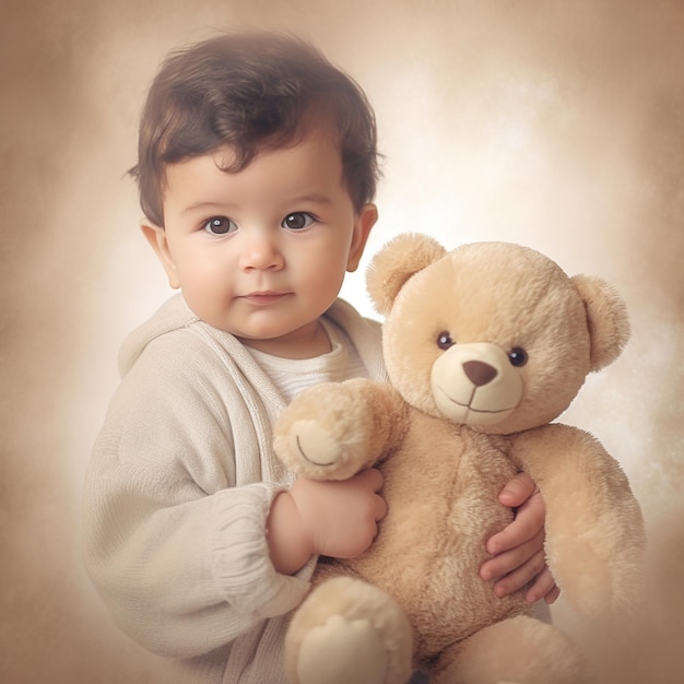 un bebé sosteniendo un oso de peluche con una cara marrón