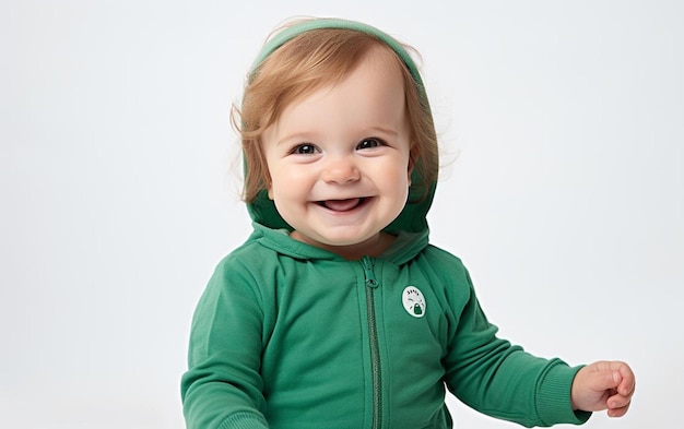 Un bebé con una sudadera con capucha verde con un logo blanco.