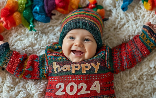 Foto bebé con un suéter feo con feliz año nuevo 2024