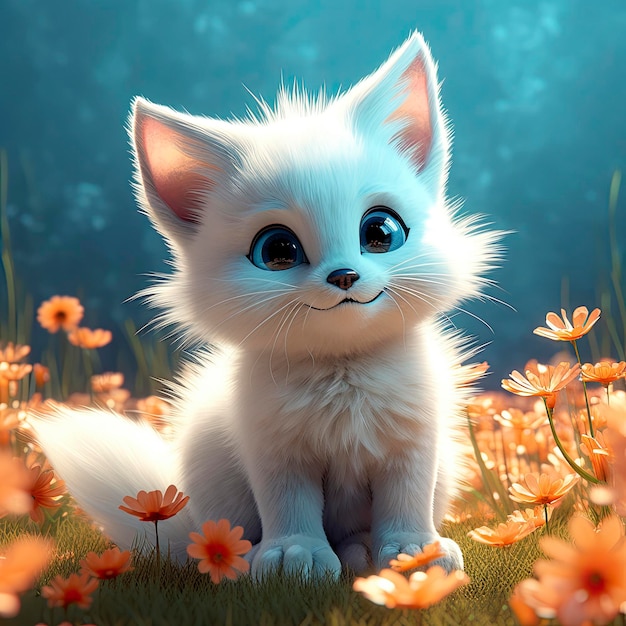 Un bebé súper lindo Pixarstyle blanco hada gato blanco brillante esponjoso grandes ojos brillantes cola esponjosa sonrisa cuento de hadas generat ai