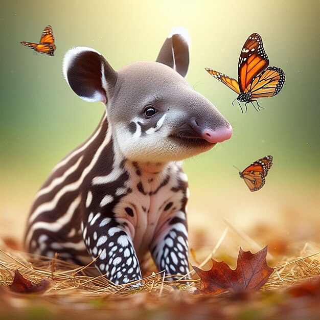 Un bebé tapir y una mariposa