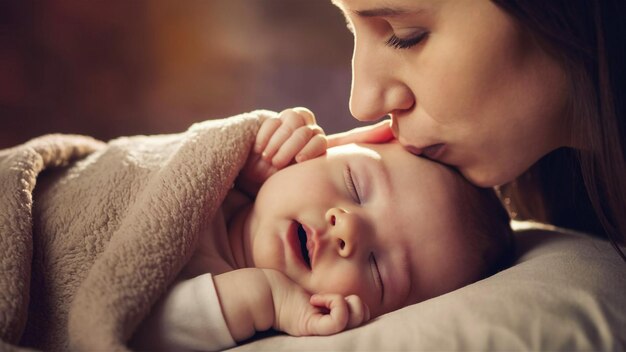 Foto un bebé está tendido en una cama con la madre dándole un beso