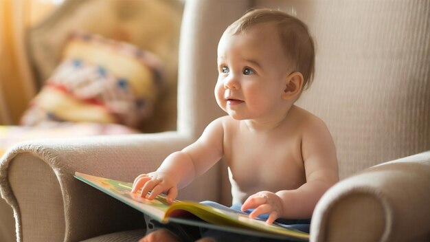 Bebê tocando livro olhando para longe