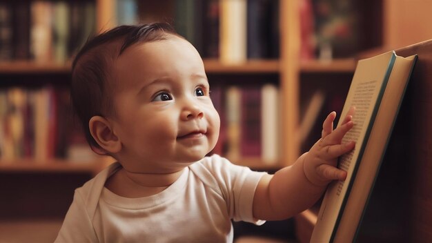Bebê tocando livro olhando para longe