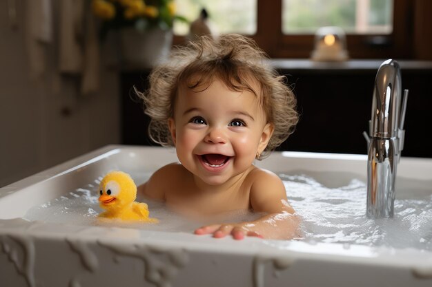 Bebé tomando un baño de burbujas con sus juguetes