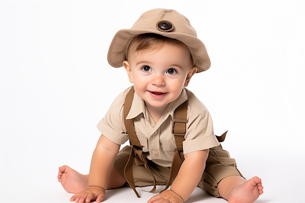 Bebe en traje de safari en blanco Imagen Premium generada con IA