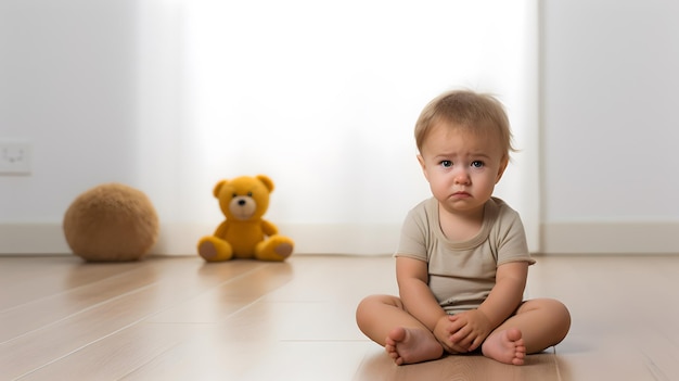 Un bebé triste y llorón con un trauma mental sentado en el suelo.