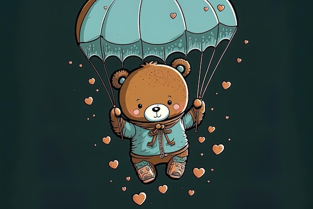 Bebê urso pára-quedista em uma arte adorável