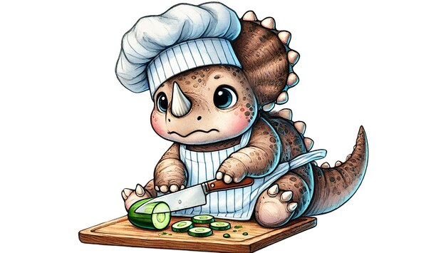 bebé Velociraptor en un disfraz de chef sosteniendo una cuchara hasta su boca