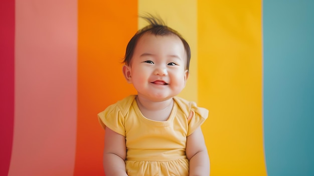 un bebé con un vestido amarillo con un fondo rojo