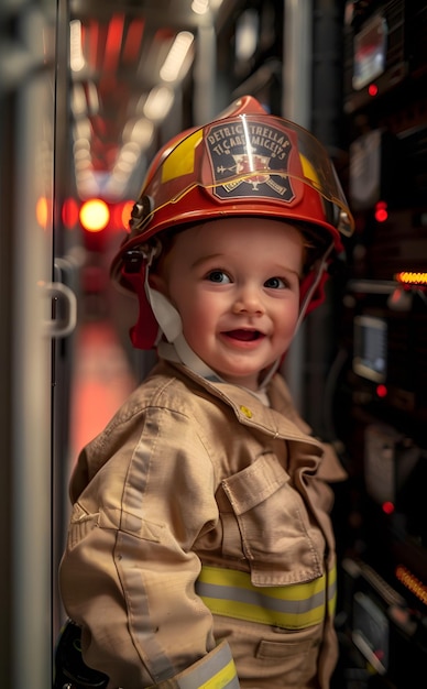 Bebê vestido de bombeiro apagando incêndios em uma sede de big data Conceito de infância