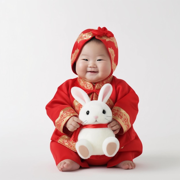 Foto un bebé vestido con una túnica roja y dorada sostiene un conejito blanco.